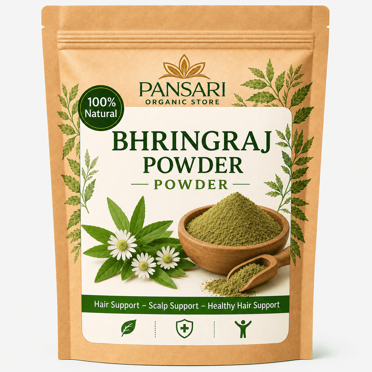 Pansari Pro Pure Bhringraj Powder pouch with dry herbs for hair growt